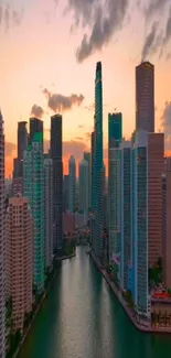 City skyline with river and sunset hues.