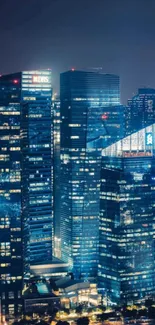 Cityscape at night with glowing skyscrapers and dark sky.