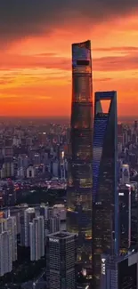 Dramatic city skyline at sunset with tall buildings and vibrant sky.