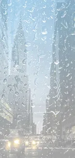 Cityscape seen through raindrop-covered window at night.