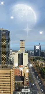 Magical cityscape with skyscrapers and a twilight moonlit sky.