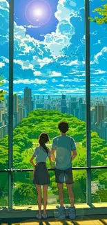 Anime cityscape with city view and lush park under a clear sky.