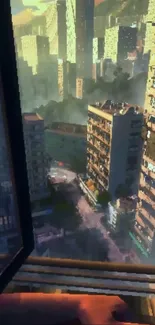 Urban cityscape seen through a window at sunset.