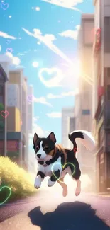 Cartoon dog joyfully running in city background with sunlight.