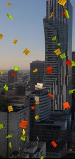 Vibrant cityscape with colorful confetti in motion over skyscrapers.