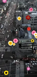 Dynamic cityscape with colorful flowers overlay.