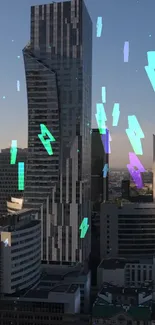 Futuristic cityscape with digital neon effects and towering skyscrapers.