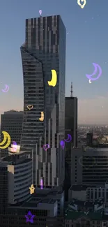 Skyscraper with whimsical stars and moons in a cityscape.