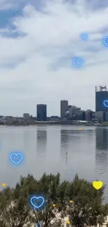 Cityscape wallpaper with floating blue and yellow heart icons over calm waters.