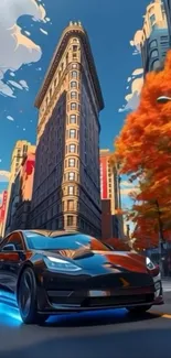 Anime style cityscape with futuristic car and autumn trees.
