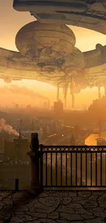 Futuristic UFO hovers above a city at sunset.