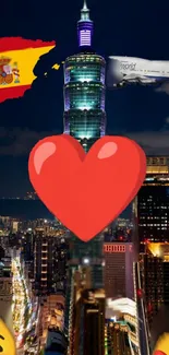 Night city skyline with a heart, flag, and airplane.