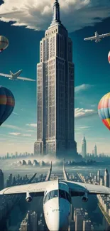 Surreal city skyline with balloons and plane over skyscraper.