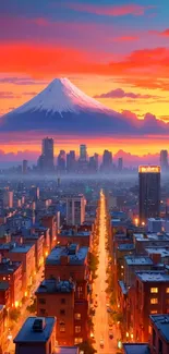 Majestic mountain with sunset cityscape and vibrant skyline.