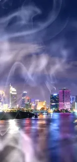 Cityscape with vibrant lights and mystical smoke effect at night.