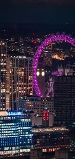 City nightscape with neon Ferris wheel glowing vibrantly against the skyline.