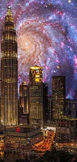 Cityscape with glowing skyscrapers under a starry sky.