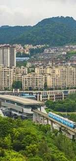 Cityscape wallpaper with train and mountains view.