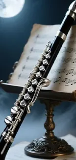 Clarinet with sheet music in elegant arrangement under moonlight.