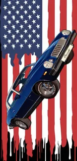 Blue classic car on American flag background wallpaper.