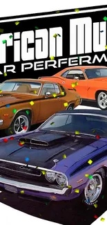 Iconic American muscle cars on display in vibrant colors.