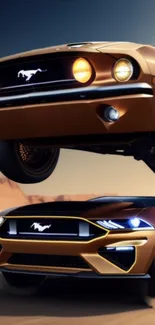 Classic and modern Mustangs in motion over desert landscape.