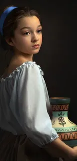 Classic art wallpaper of girl with vase in dark background.