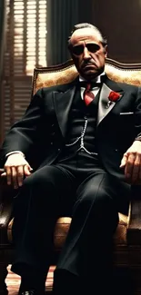Man in a dark suit sitting in a vintage armchair with a confident pose.