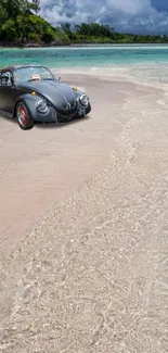 Classic car parked on a tranquil sandy beach.