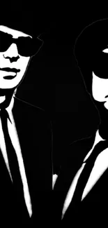 Black and white silhouette art of two classic figures.