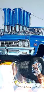 Illustration of a classic blue car with flames and dynamic effects.