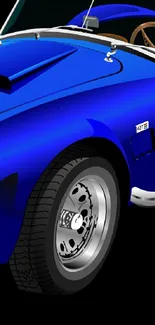 Illustration of a classic blue sports car with chrome wheels on a dark background.