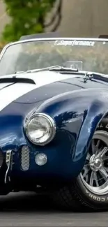 Classic blue sports car with racing stripes.