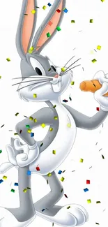 Famous cartoon bunny with confetti and carrot on mobile wallpaper.