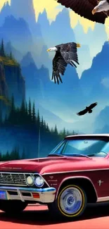 Classic car and eagles with mountain view.