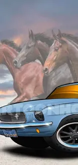 Classic blue muscle car with galloping horses in the background, art wallpaper.