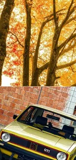 Wallpaper of a classic yellow car under autumn trees.