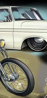 Illustration of a classic car and bike, retro styled.