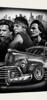 Classic car and cityscape with figures in grayscale.