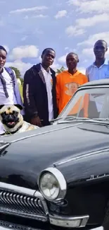 Group of friends, vintage car, and a dog with a bright blue sky backdrop.