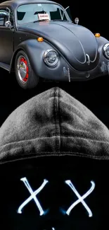 Classic car and hooded figure mask on a black background.