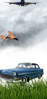 Classic car with airplane and birds on a dramatic sky background.