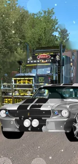 Wallpaper of classic muscle car and large truck on scenic road.