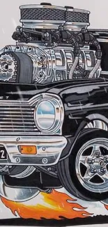 Classic black muscle car with chrome details in artistic style.