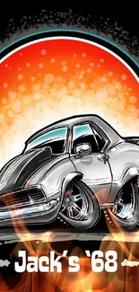 Stylized classic car art with vibrant sunburst background.