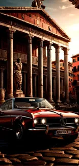 Classic car parked in front of Roman architecture.