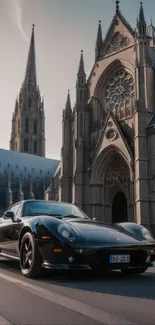 Classic car parked in front of a Gothic cathedral on a sunny day.