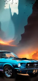 Blue vintage car in fiery canyon landscape.