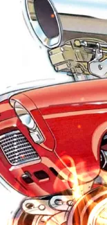 Cartoon illustration of a classic red car with chrome details.