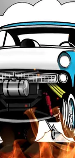 Cartoon classic car in dynamic motion with a vibrant style.